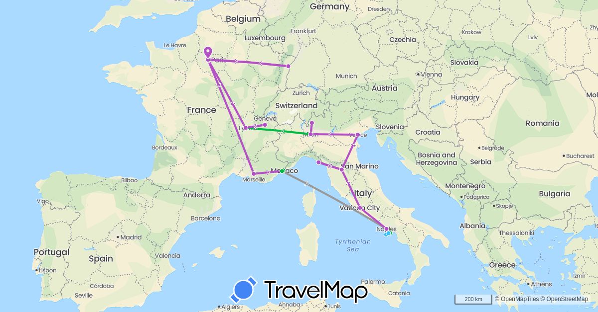 TravelMap itinerary: driving, bus, plane, train, boat in France, Italy (Europe)